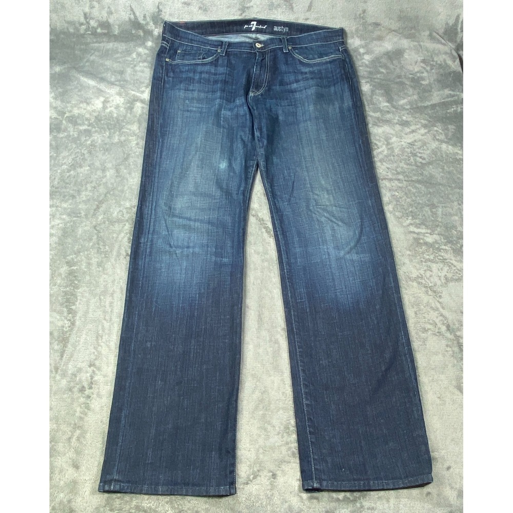 7 For All Mankind Men Jeans 36x33 Austyn Blue Straight Relaxed Fade Whisker USA